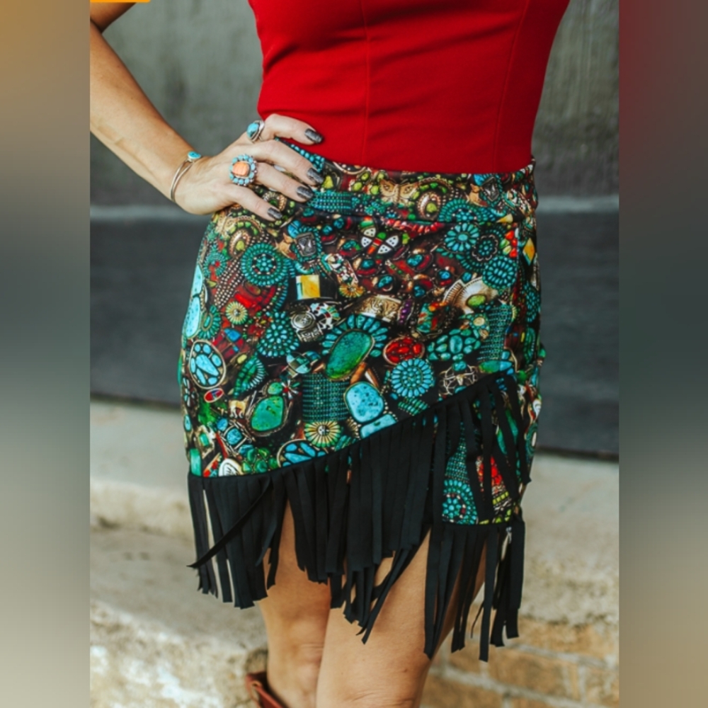 Turquoise Stone Jewelry Printed Wrap Fringe Skirt